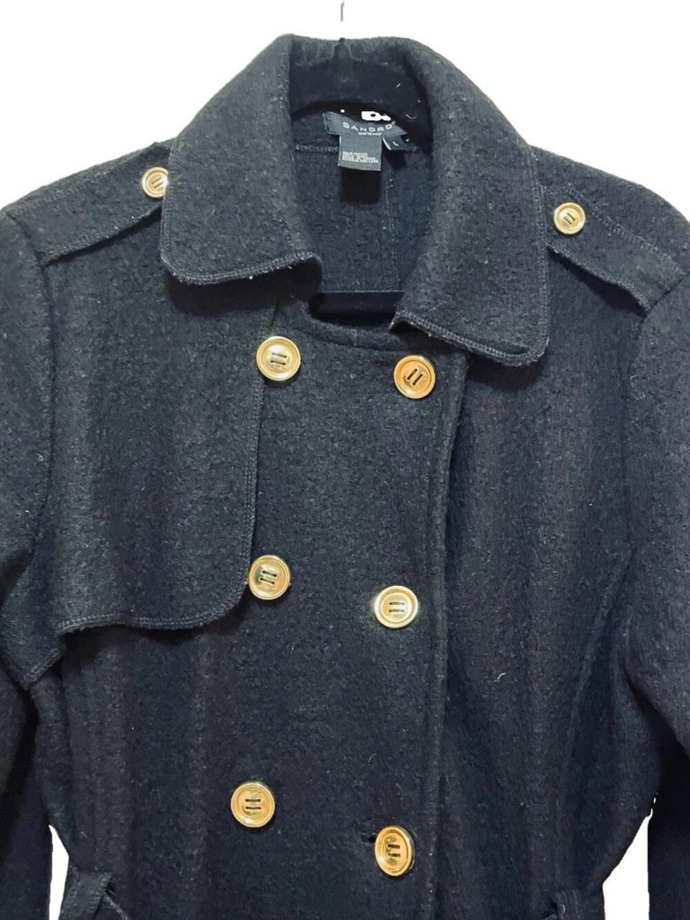 SANDRO Black 100% Wool Double Breasted Gold Button Peacoat Sz L - Picture 5 of 11